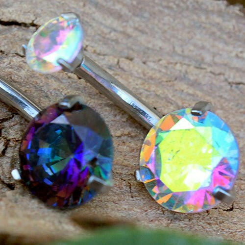 Internally Threaded 316L Stainless Steel Prong Set Iridescent Cubic Navel Ring Navel Ring Impulse Piercings