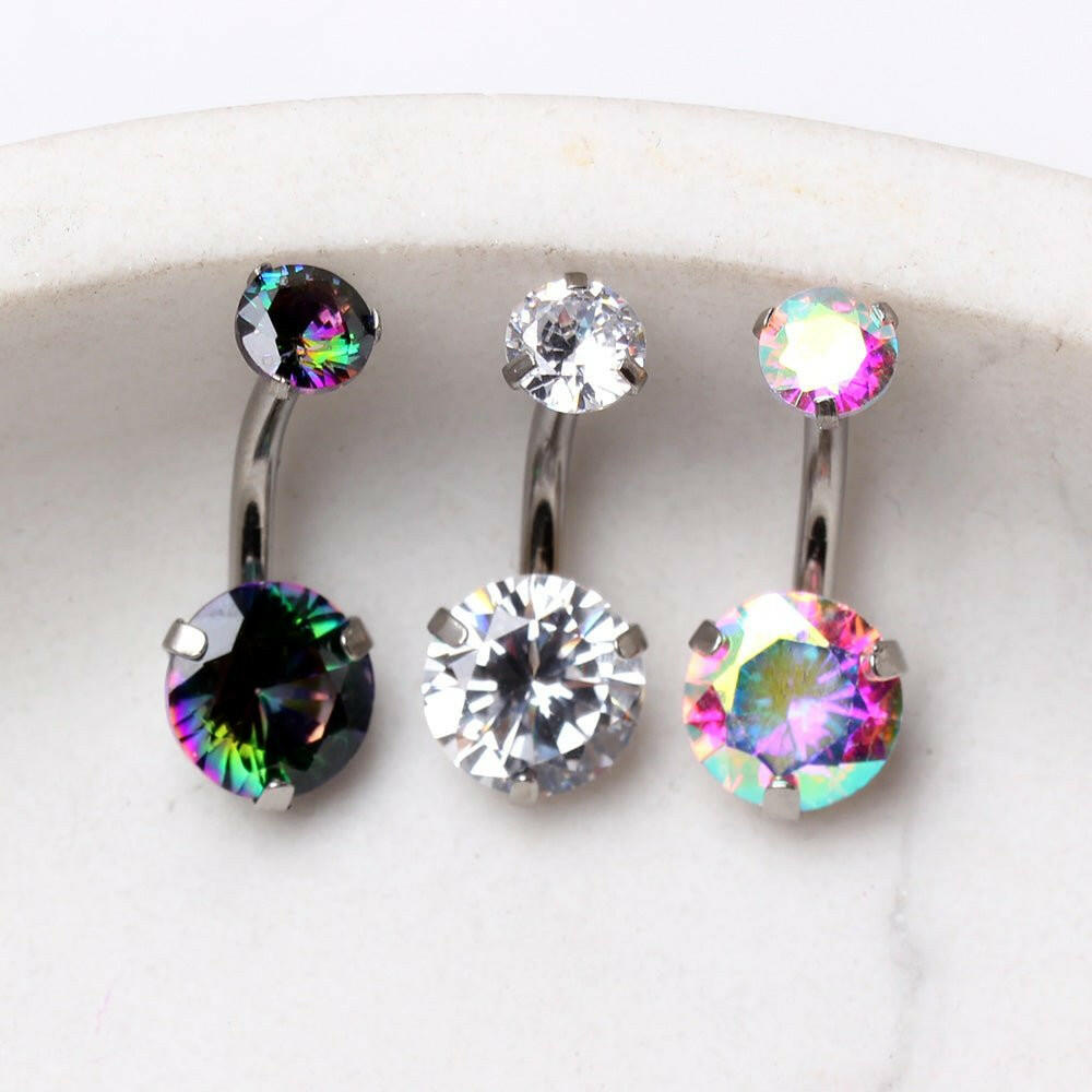 Internally Threaded 316L Stainless Steel Prong Set Iridescent Cubic Navel Ring Navel Ring Impulse Piercings