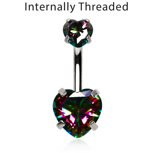 Internally Threaded 316L Stainless Steel Prong Set Vitrail Medium Heart Navel Ring