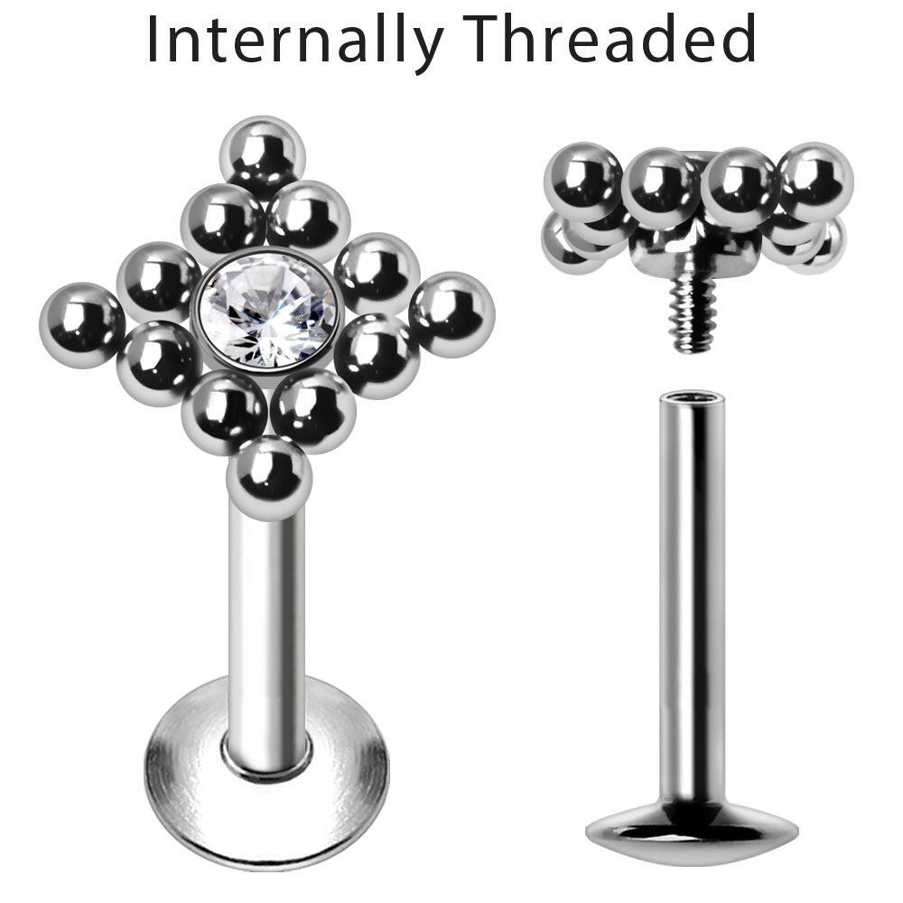 Internally Threaded 316L Stainless Steel Rhombus CZ Labret with Balls Labret Impulse Piercings