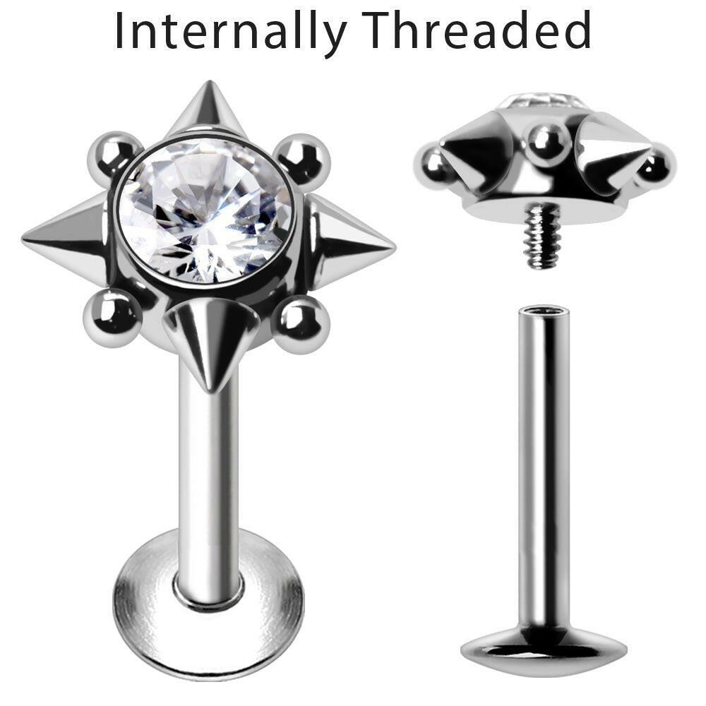 Internally Threaded 316L Stainless Steel Rhombus CZ Labret with Spikes & Balls Labret Impulse Piercings