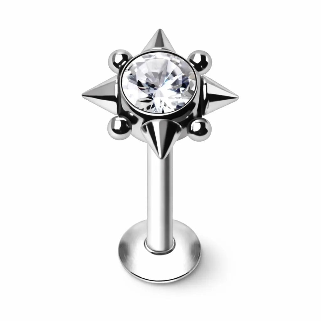 CZ Rhombus Labret Stud 16G Internal Thread Flat Back Lip Cartilage Earring 316L Steel - Skin Metals