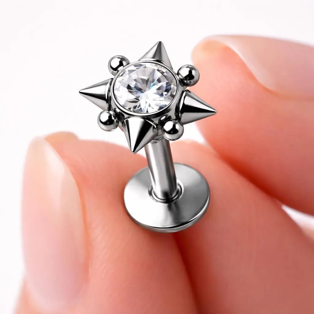 CZ Rhombus Labret Stud 16G Internal Thread Flat Back Lip Cartilage Earring 316L Steel - Skin Metals