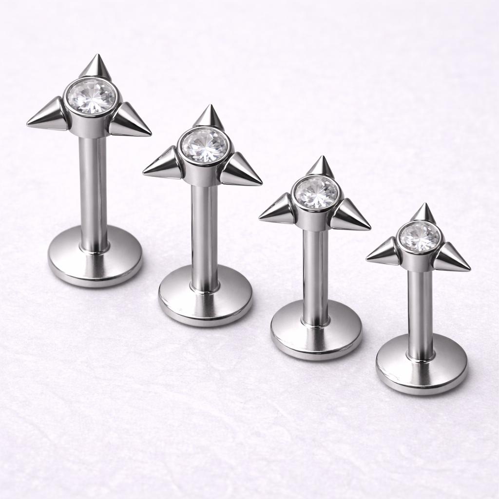 Internally Threaded 316L Stainless Steel Triangle CZ Labret with Spikes