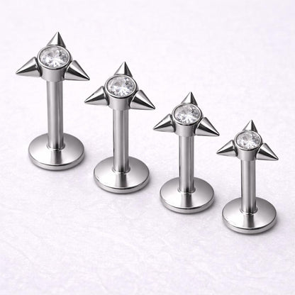 Internally Threaded 316L Stainless Steel Triangle CZ Labret with Spikes