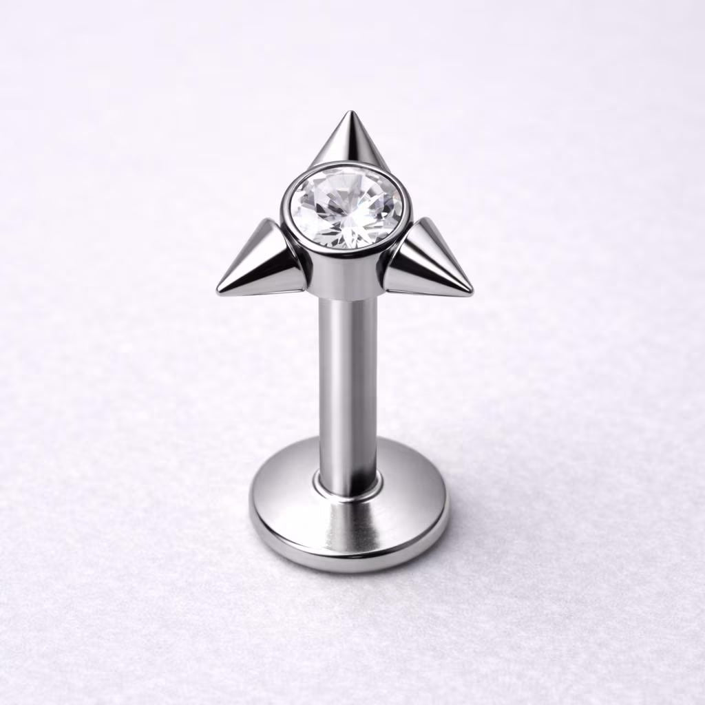 Internally Threaded 316L Stainless Steel Triangle CZ Labret with Spikes