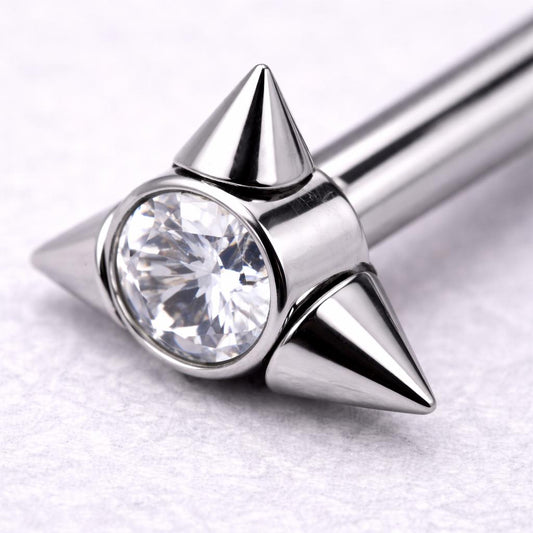 Internally Threaded 316L Stainless Steel Triangle CZ Labret with Spikes - Skin Metals