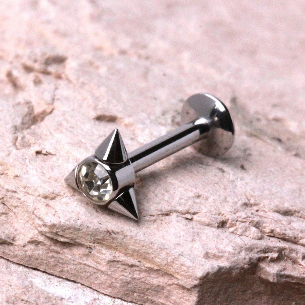 Internally Threaded 316L Stainless Steel Triangle CZ Labret with Spikes Labret Impulse Piercings