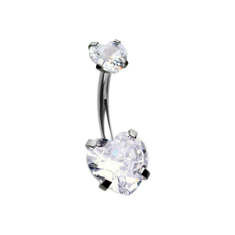 Internally Threaded Cubic Zirconia Double Prong Heart Belly Button Ring Navel Ring Impulse Piercings Clear