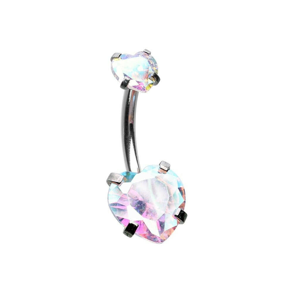 Internally Threaded Cubic Zirconia Double Prong Heart Belly Button Ring Navel Ring Impulse Piercings Aurora Borealis