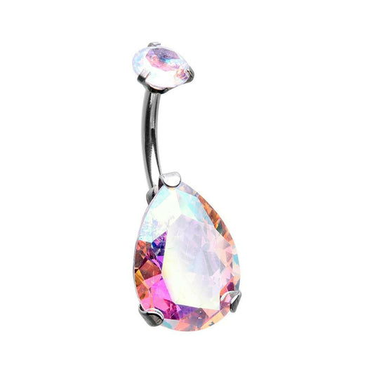 Internally Threaded Cubic Zirconia Prong Teardrop Belly Button Ring Navel Ring Impulse Piercings Aurora Borealis