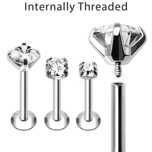 Internally Threaded Labret with Prong Set CZ Labret Impulse Piercings 5/16" 3mm