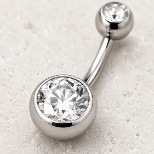 Internally Threaded Navel Ring Clear CZ Balls 14G 316L Steel - Skin Metals