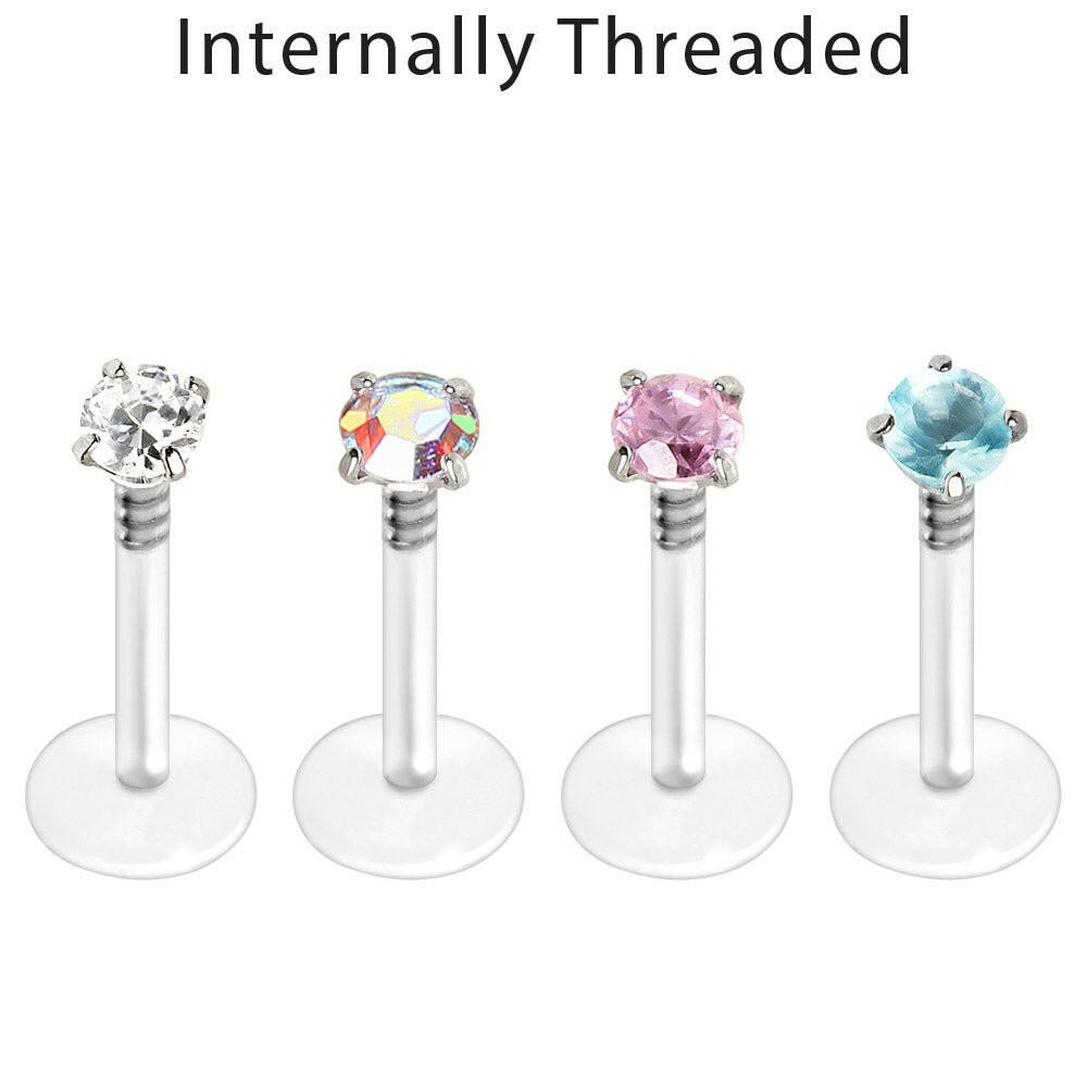 Internally Threaded PTFE Labret / Monroe with Prong Set CZ Labret Impulse Piercings Aurora Borealis