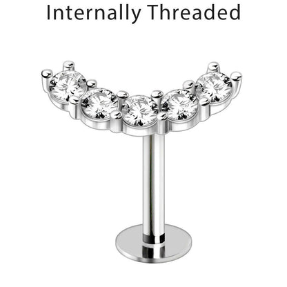 Internally Threaded Stainless Steel Curved Cinco Prong Set CZ Labret
