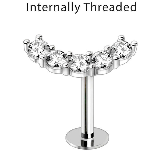 Internally Threaded Stainless Steel Curved Cinco Prong Set CZ Labret