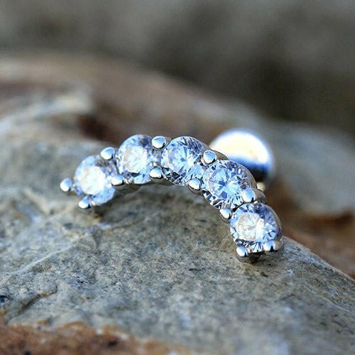 Internally Threaded Stainless Steel Curved Cinco Prong Set CZ Labret