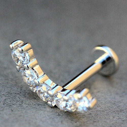 Internally Threaded Stainless Steel Curved Prong Set Baguette CZ Labret