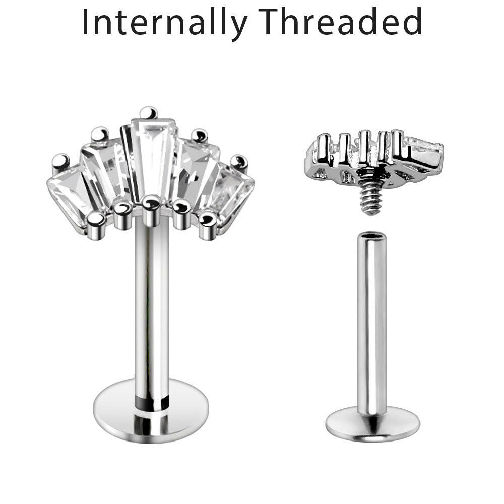 Internally Threaded Stainless Steel Curved Prong Set Baguette CZ Labret