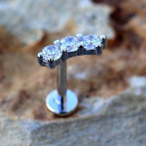 Internally Threaded Stainless Steel Curved Triple Prong Set CZ Labret