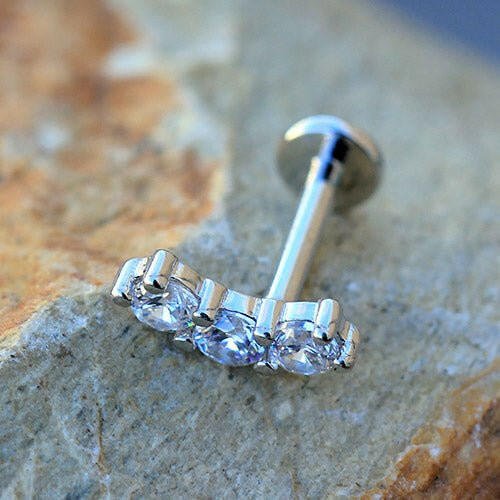Internally Threaded Stainless Steel Curved Triple Prong Set CZ Labret