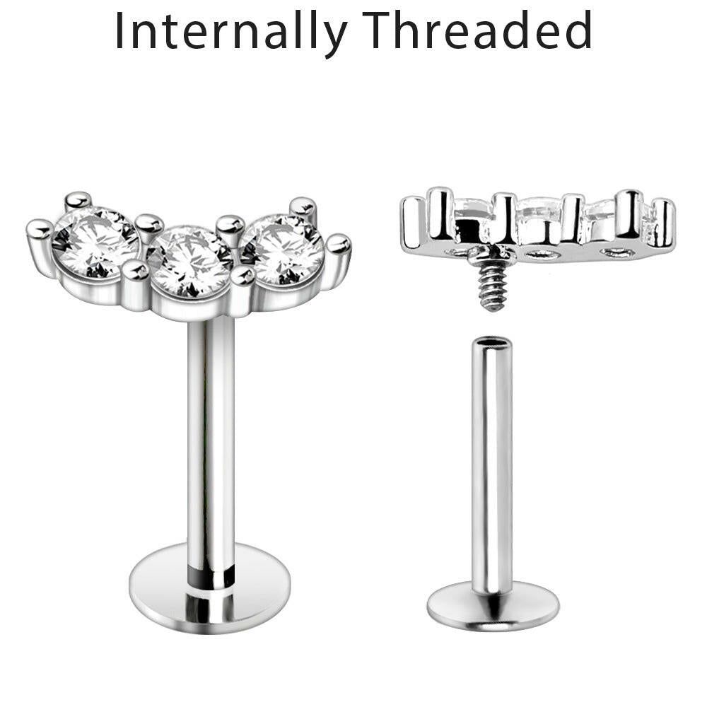 Internally Threaded Stainless Steel Curved Triple Prong Set CZ Labret