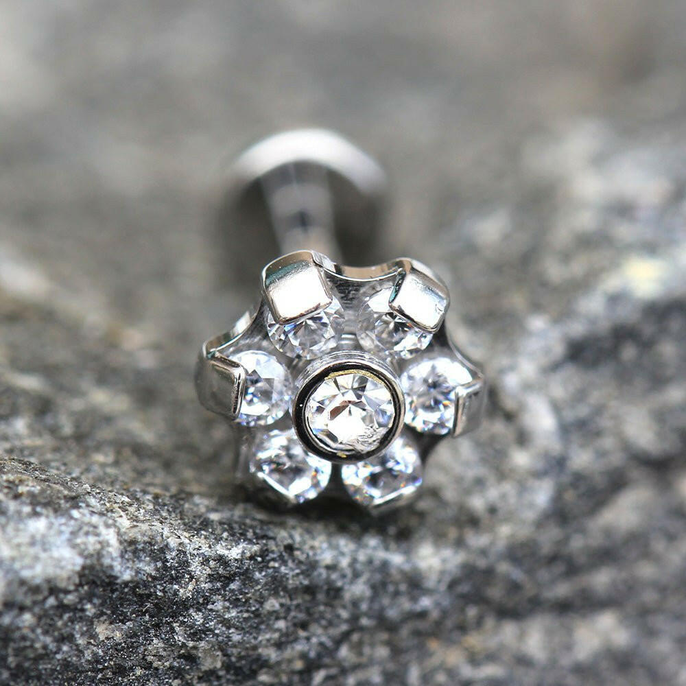 Internally Threaded Stainless Steel CZ Flower Labret Labret Impulse Piercings