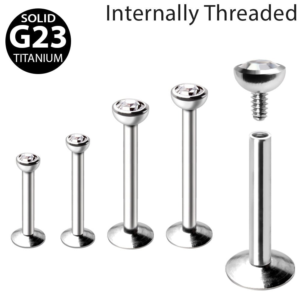 Internally Threaded Titanium Labret with Clear CZ Flat Top Labret Skin Metals