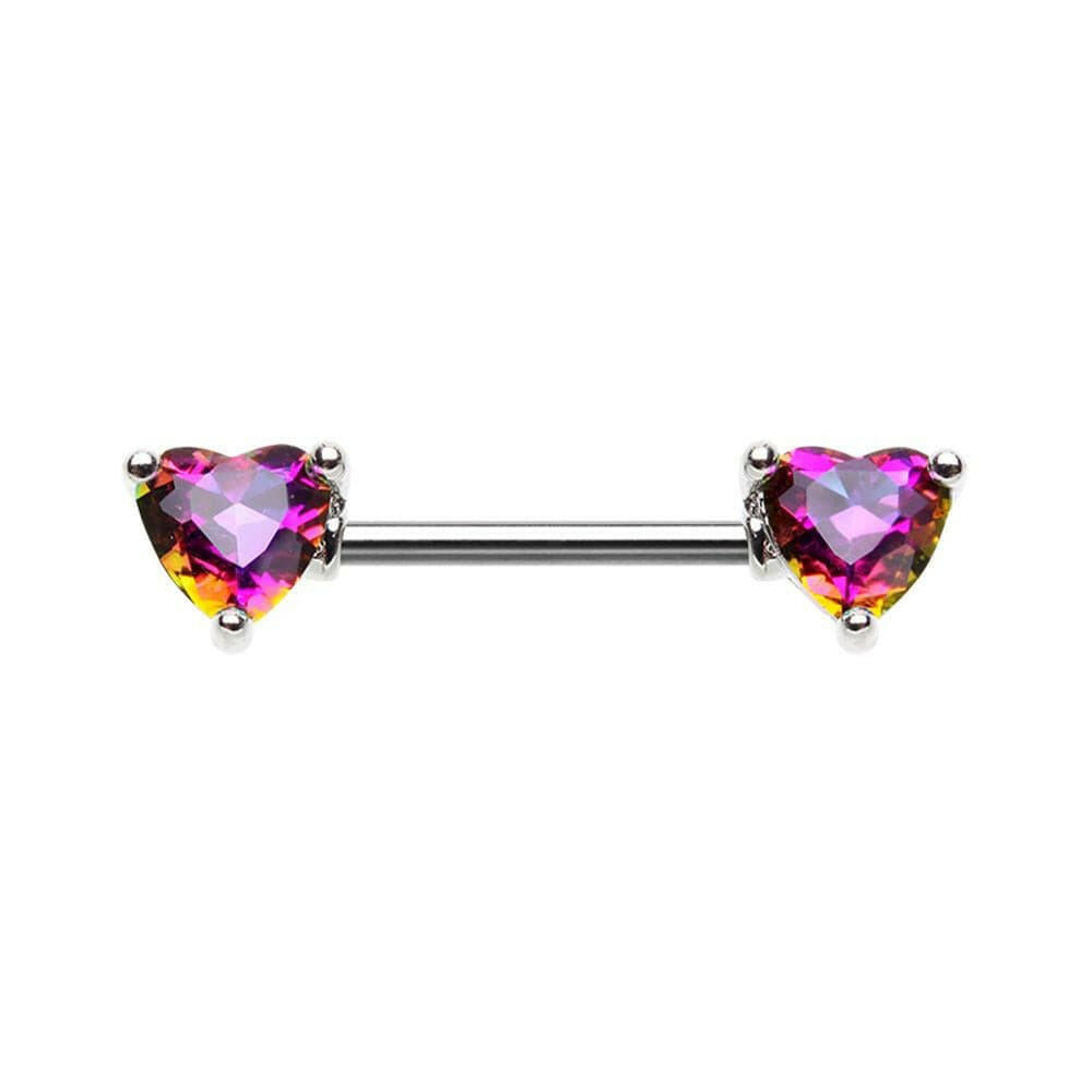 Iridescent Double Heart Gem Nipple Barbell Ring Nipple Ring Impulse Piercings Rainbow