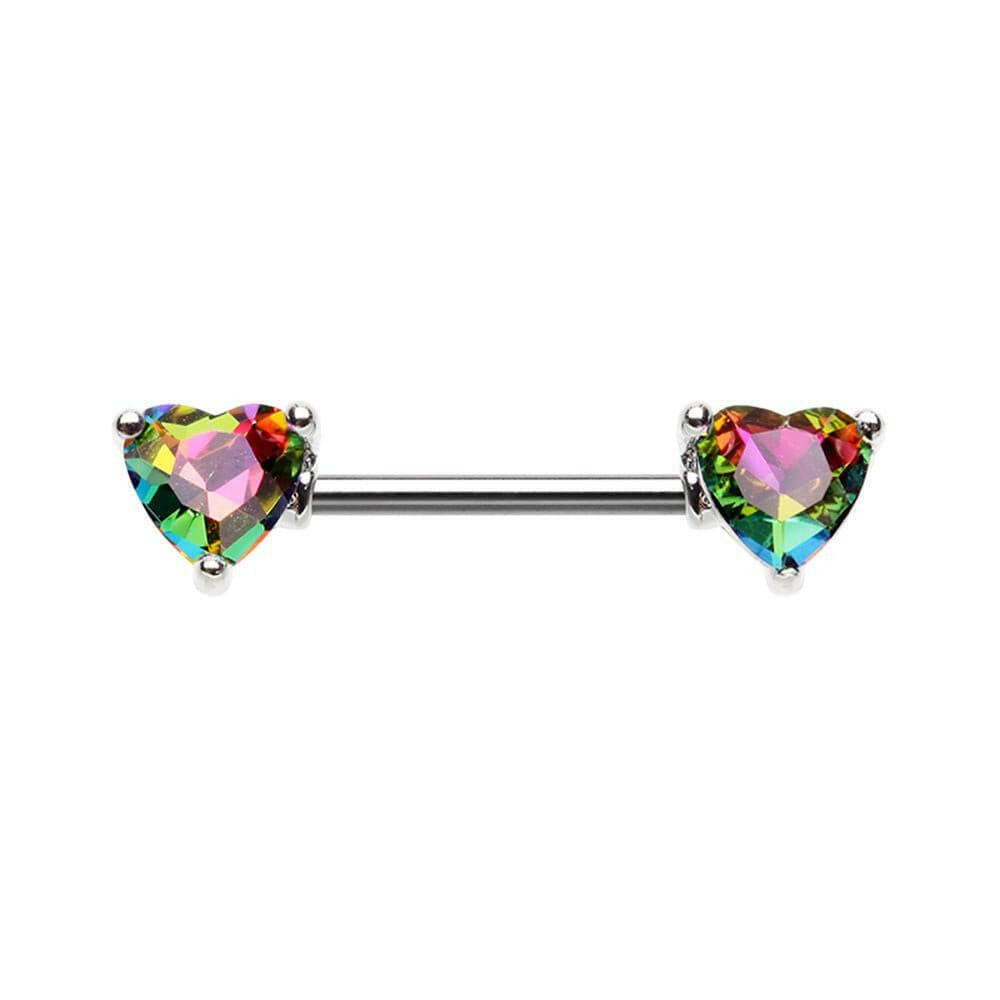 Iridescent Double Heart Gem Nipple Barbell Ring Nipple Ring Impulse Piercings Light Rainbow