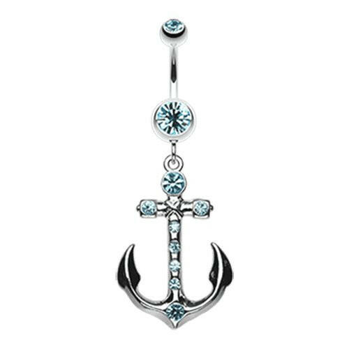 Jeweled Anchor Belly Button Ring Navel Ring Impulse Piercings Aqua