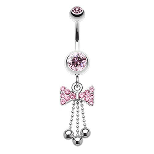 Jeweled Bow-Tie Bead Dangle Belly Button Ring Navel Ring Impulse Piercings Light Pink