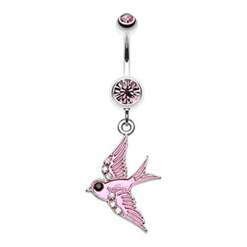 Jeweled Flying Swallow Dangle Belly Button Ring Navel Ring Impulse Piercings Light Pink