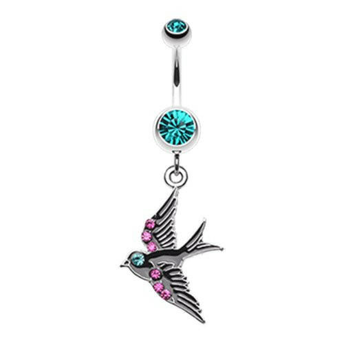 Jeweled Flying Swallow Dangle Belly Button Ring Navel Ring Impulse Piercings Teal