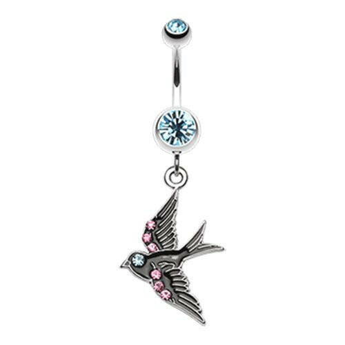 Jeweled Flying Swallow Dangle Belly Button Ring Navel Ring Impulse Piercings Aqua