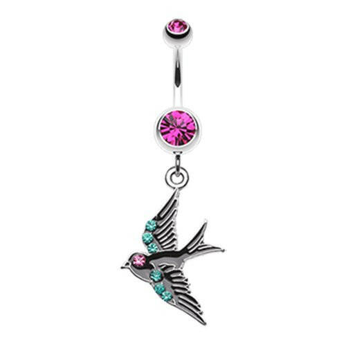 Jeweled Flying Swallow Dangle Belly Button Ring Navel Ring Impulse Piercings Fuchsia