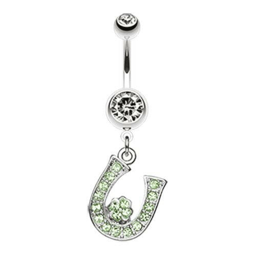 Jeweled Four Leaf Clover on Horseshoe Belly Button Ring Navel Ring Impulse Piercings