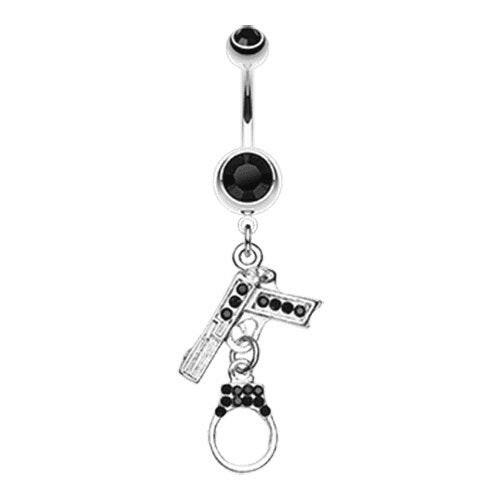 Jeweled Handgun Handcuff Belly Button Ring Navel Ring Impulse Piercings Black