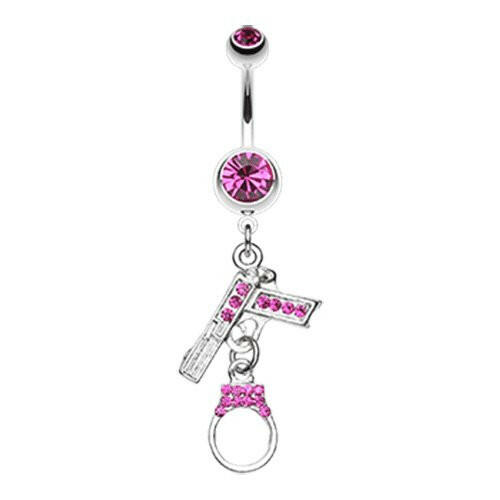 Jeweled Handgun Handcuff Belly Button Ring Navel Ring Impulse Piercings Fuchsia