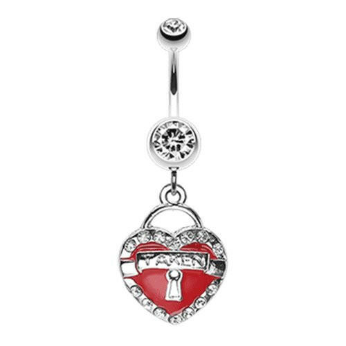 Jeweled Heart Lock Charm Dangle Belly Button Ring Navel Ring Impulse Piercings Red