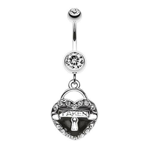 Jeweled Heart Lock Charm Dangle Belly Button Ring Navel Ring Impulse Piercings Black