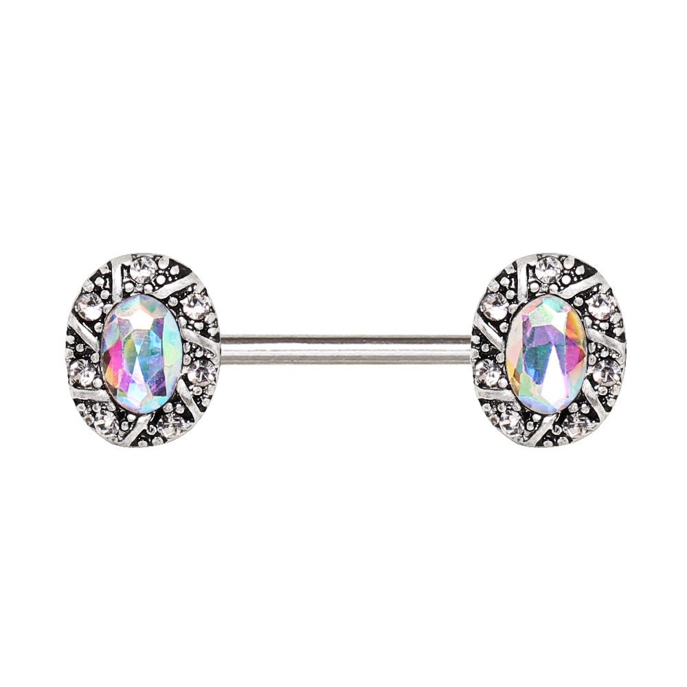 Jeweled Oval Charm Nipple Bar 14G Aurora Borealis CZ Pair