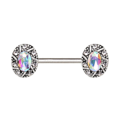 Jeweled Oval Charm Nipple Bar 14G Aurora Borealis CZ Pair