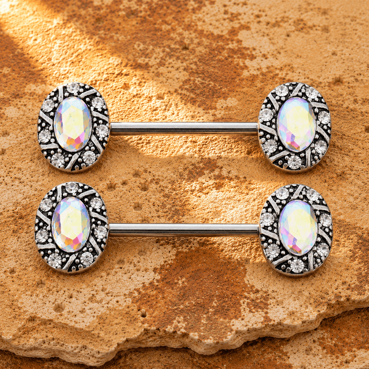 Jeweled Oval Charm Nipple Bar 14G Aurora Borealis CZ Pair