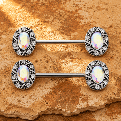 Jeweled Oval Charm Nipple Bar 14G Aurora Borealis CZ Pair