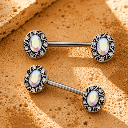 Jeweled Oval Charm Nipple Bar 14G Aurora Borealis CZ Pair