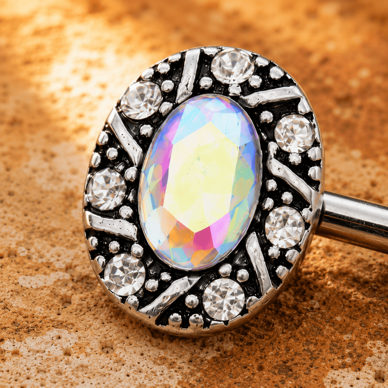 Jeweled Oval Charm Nipple Bar 14G Aurora Borealis CZ Pair