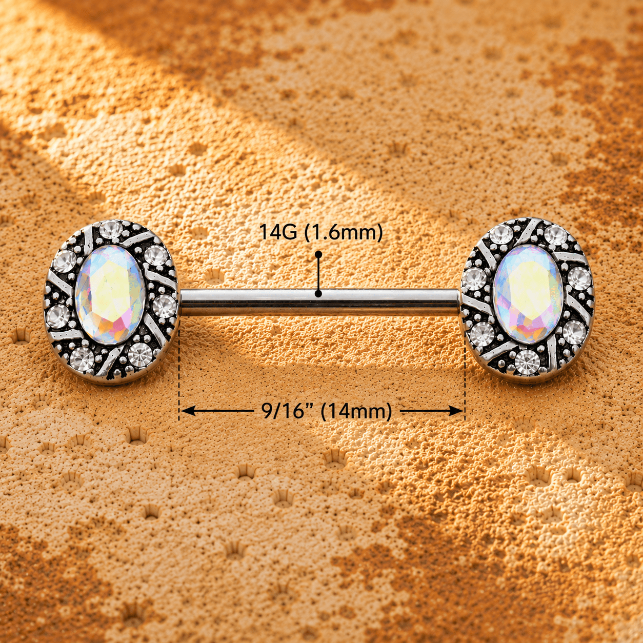Jeweled Oval Charm Nipple Bar 14G Aurora Borealis CZ Pair