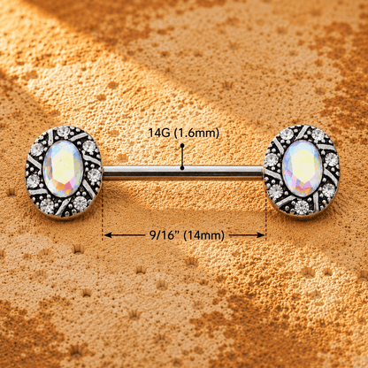 Jeweled Oval Charm Nipple Bar 14G Aurora Borealis CZ Pair