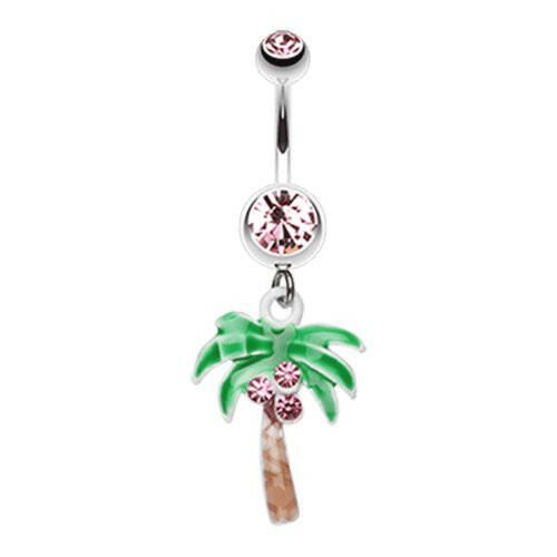 Jeweled Palm Tree Dangle Belly Button Ring Navel Ring Impulse Piercings Light Pink